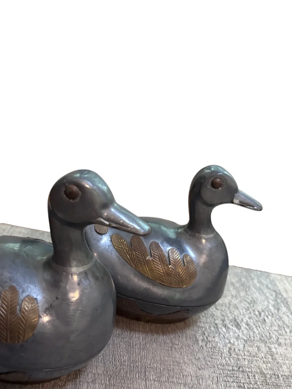 Two Vintage 5” Pewter w/ Brass Ducks w/Lids Trinket Box Heavy - Mid Century